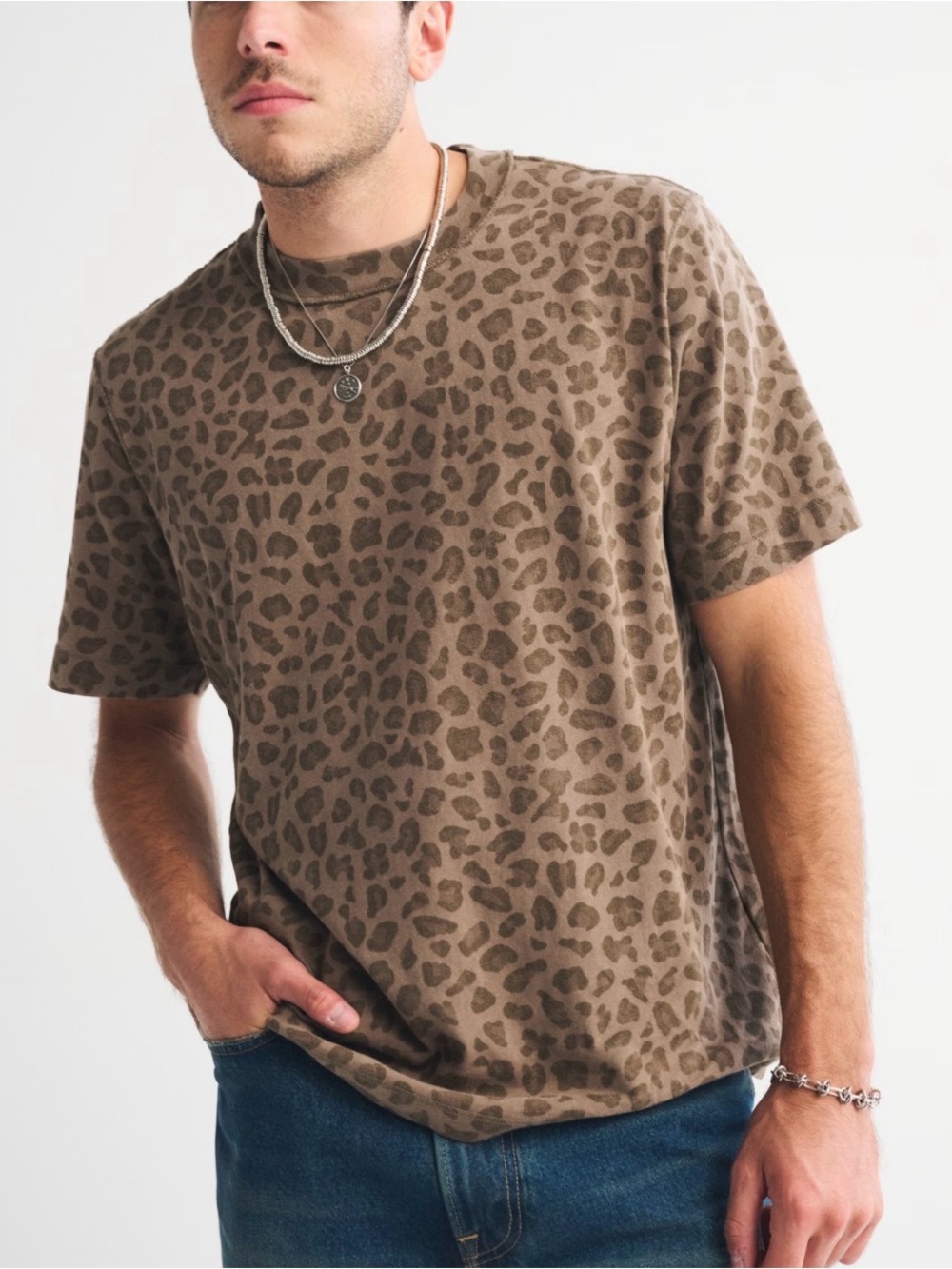 ABERCROMBIE Brown Leopard Print Graphic Crewneck T-Shirt